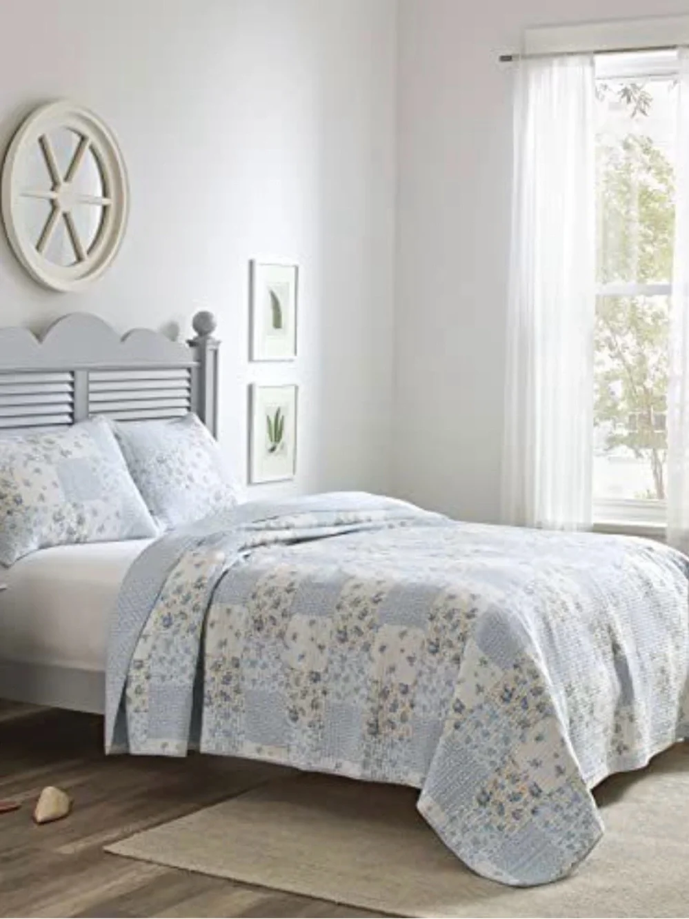 Laura Ashley Light Blue Floral Patchwork Quilt Set - Classic Home Bedding Queen